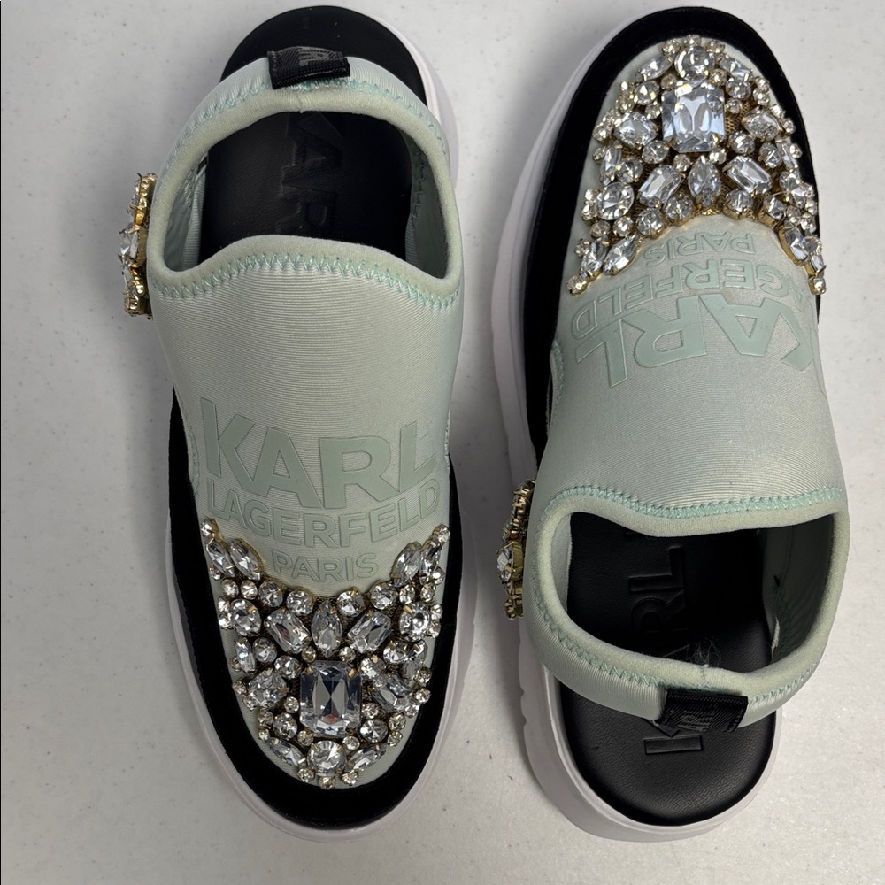 Karl Lagerfeld Light Green Crystal Embellished Mules Size 8.5 Mint/Black/White